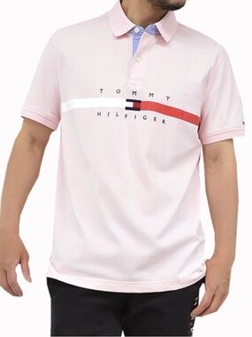 Tommy Hilfiger Pink Polo The Flex Signature Tommy Logo Branding Across Chest NWT